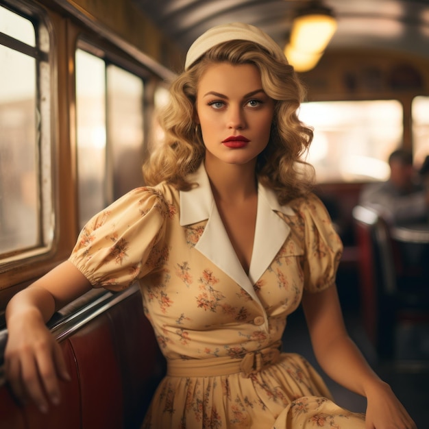 a woman in a dress sitting on a train