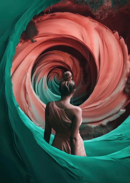 A woman in a dress standing in front of a colorful swirl Generative AI image