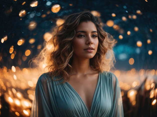 a woman in a dress standing in front of a tree with lights