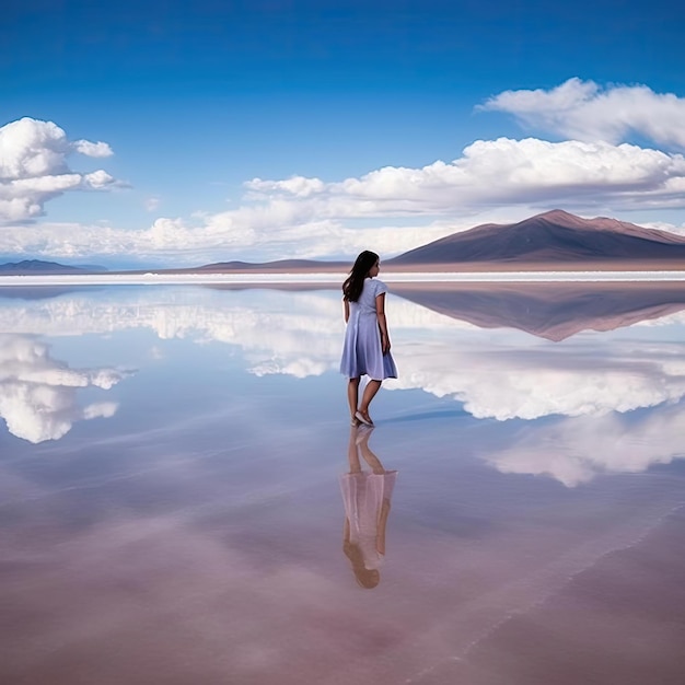 Woman in dress standing on salt lake with reflection in water