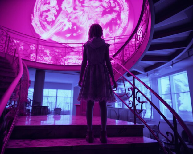 A woman in a dress standing on a staircase in front of a purple light