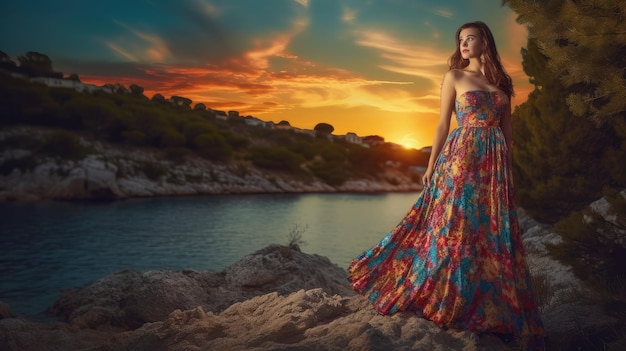 A woman in a dress stands on a cliff at sunset