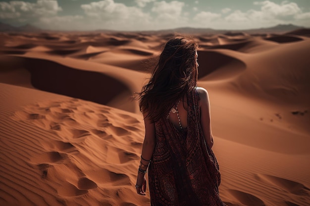 A woman in a dress stands in the desert looking at the sky