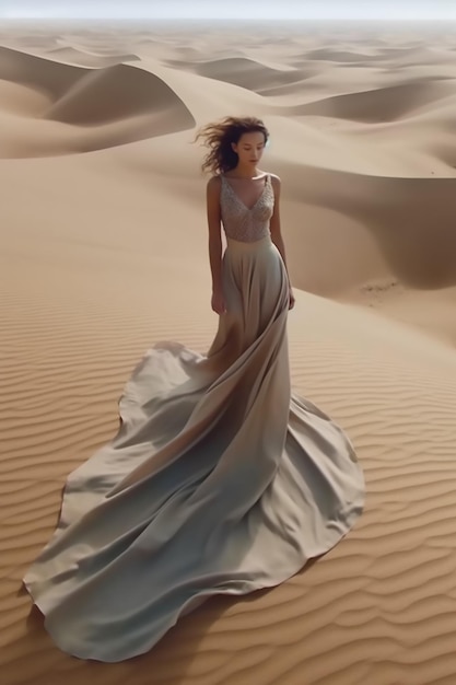 A woman in a dress stands in the desert.