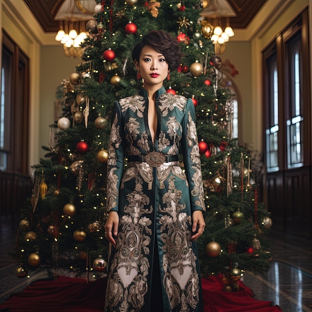 A woman in a dress stands in front of a christmas tree.