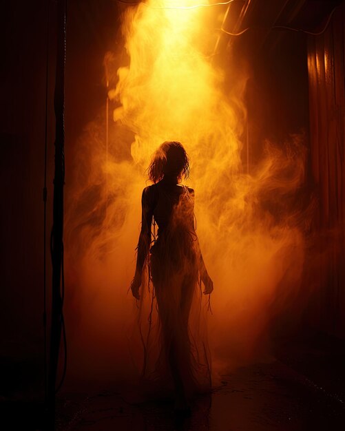 a woman in a dress stands in front of a fire that is lit up