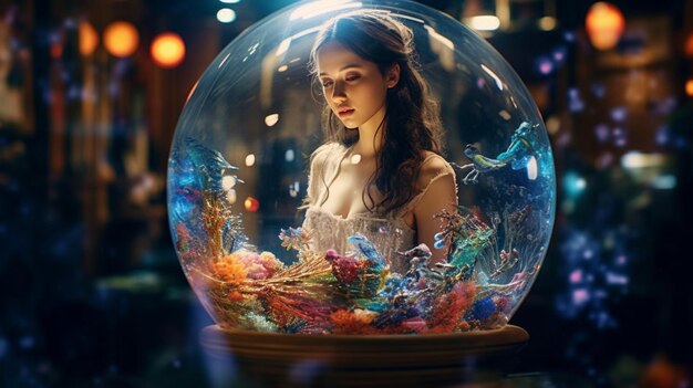 A woman in a dress stands in front of a glass ball with a colorful fish in it.