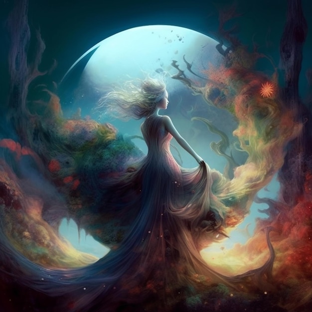 A woman in a dress stands in front of a moon.