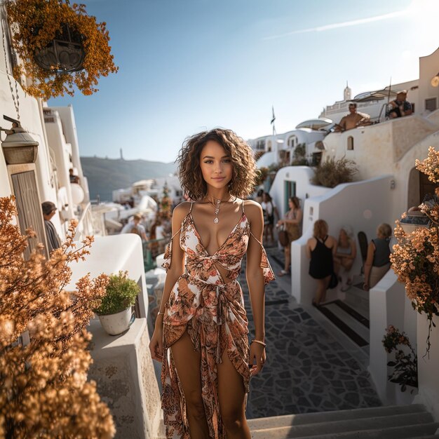 a woman in a dress stands on a staircase in a town