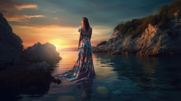 A woman in a dress stands in the water at sunset