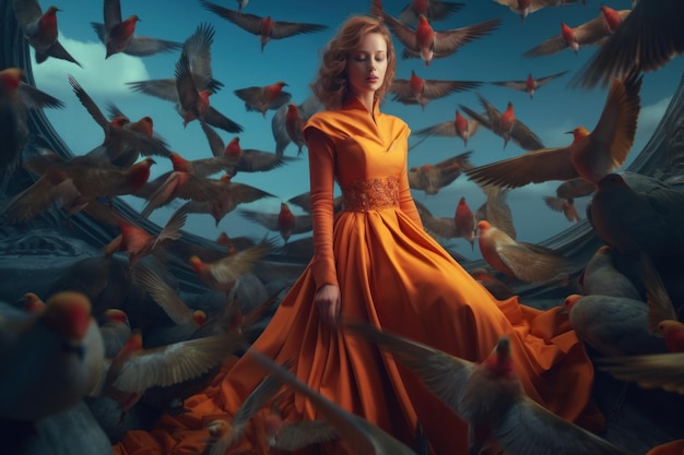 A woman in a dress surrounded by birds