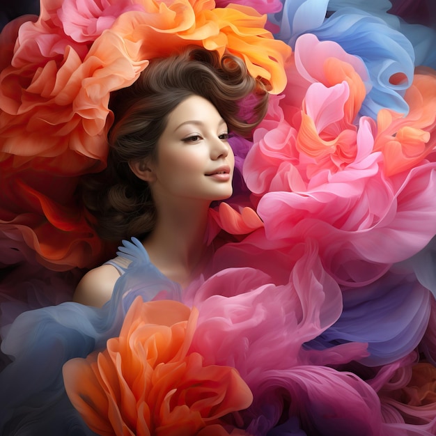 A woman in a dress surrounded by colorful flowers