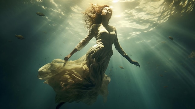 A woman in a dress swims underwater in the ocean.