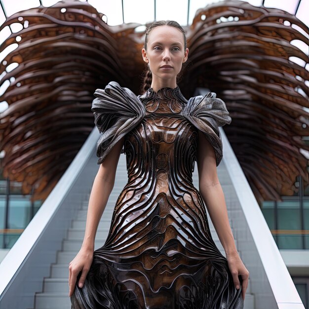 a woman in a dress that has wings on it