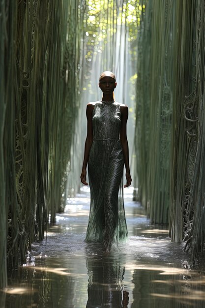 Photo a woman in a dress that is standing in a tunnel of bamboo