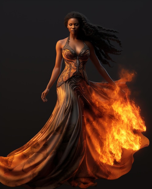 Photo a woman in a dress that says quot fire quot on the bottom