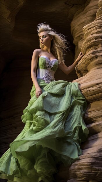 a woman in a dress that says  she is sitting on a rock