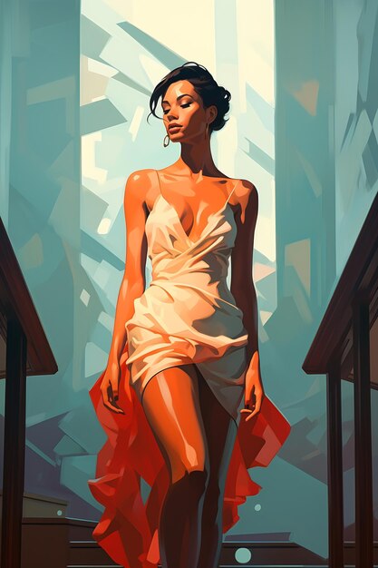 woman dress walking down stairway brazier accentuated hips study ultra realist soft low polygon