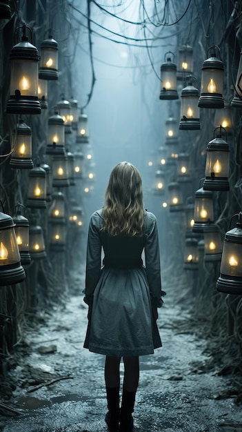 Женщина в платье идет по туннелю фонарей