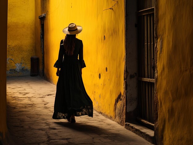 a woman in a dress walks down a street with a hat on