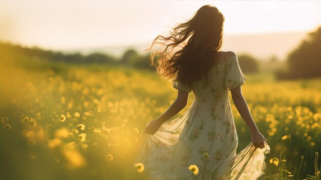 Woman in dress walks through field yellow sunshine