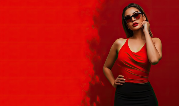 a woman in a dress wears sunglasses and posing on red background in the style of celebrity image