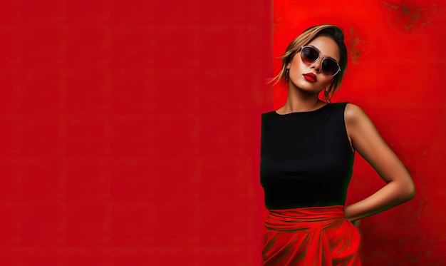 Photo a woman in a dress wears sunglasses and posing on red background in the style of celebrity image