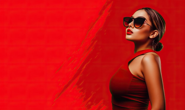 Photo a woman in a dress wears sunglasses and posing on red background in the style of celebrity image