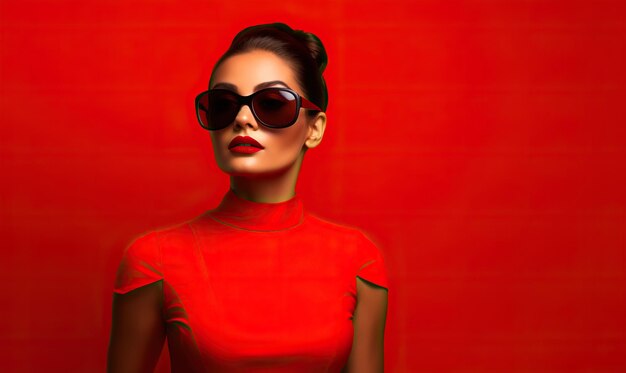 Photo a woman in a dress wears sunglasses and posing on red background in the style of celebrity image