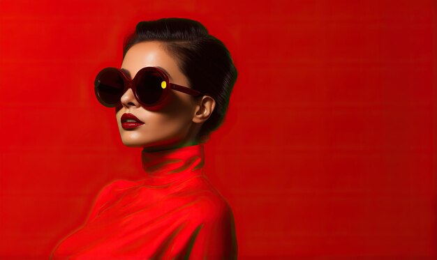 a woman in a dress wears sunglasses and posing on red background in the style of celebrity image