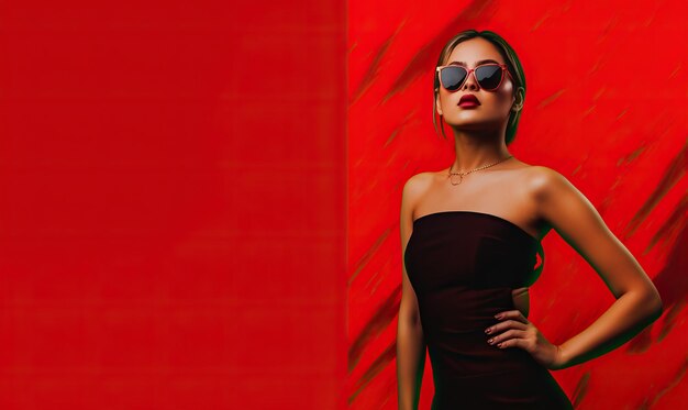 Photo a woman in a dress wears sunglasses and posing on red background in the style of celebrity image