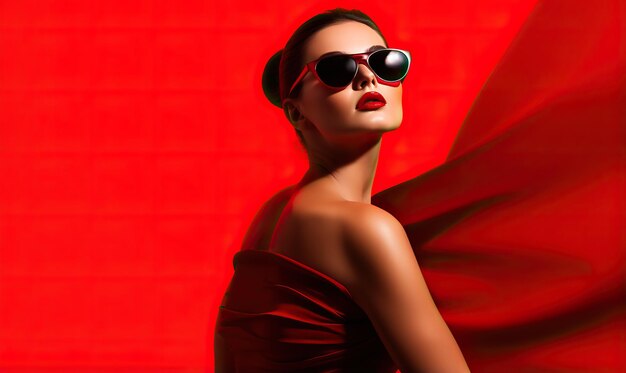 Photo a woman in a dress wears sunglasses and posing on red background in the style of celebrity image