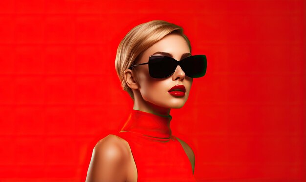 A woman in a dress wears sunglasses and posing on red background in the style of celebrity image