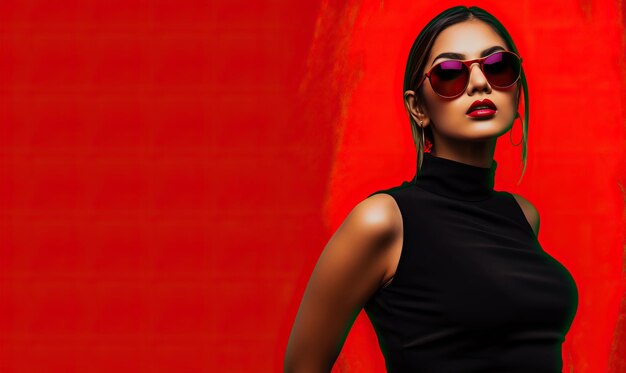Photo a woman in a dress wears sunglasses and posing on red background in the style of celebrity image
