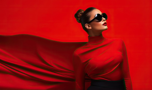 a woman in a dress wears sunglasses and posing on red background in the style of celebrity image