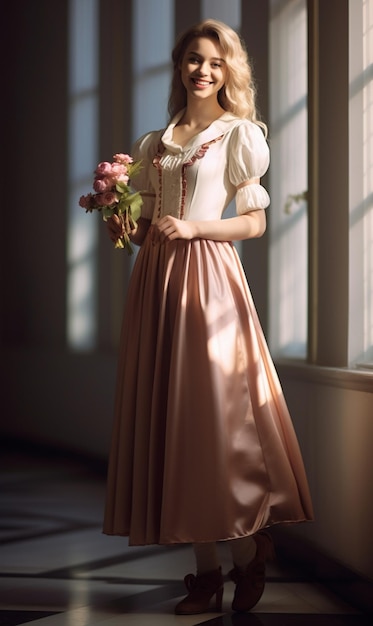 женщина в платье с букетом цветов