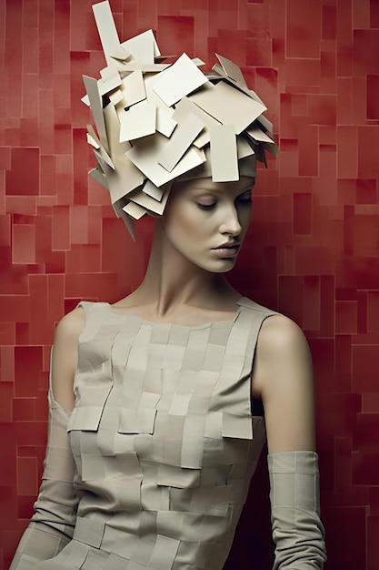 드레스를 입고 머리에 포스트잇이 잔뜩 붙어 있는 여성 Generative AI 이미지