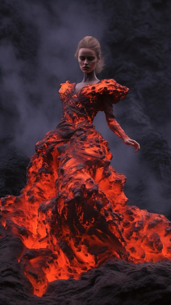 A woman in a dress with a burning fire on her shoulders