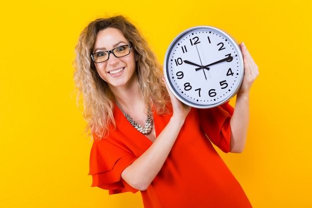 Woman in dress with clocks