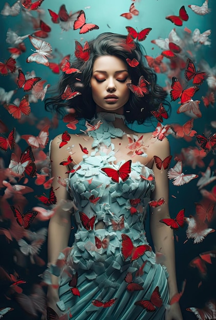 a woman in a dress with colorful butterflies in the style of distorted portraits