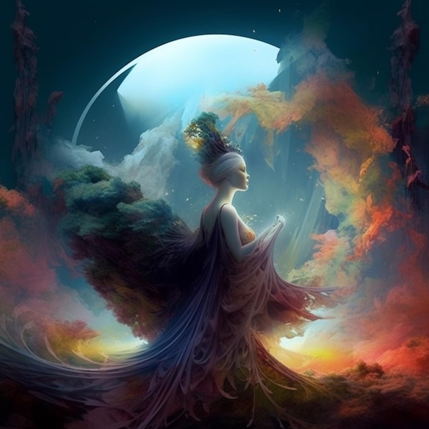 A woman in a dress with a feathered headdress stands in front of a moon.