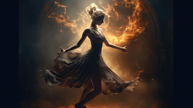 A woman in a dress with a flame on it