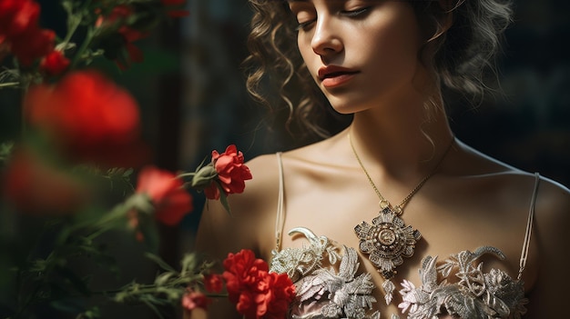 Woman in Dress With Flower Necklace