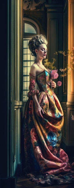 a woman in a dress with flowers on the bottom