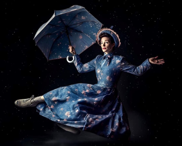 A woman in a dress with a hat and umbrella is dancing in the air.