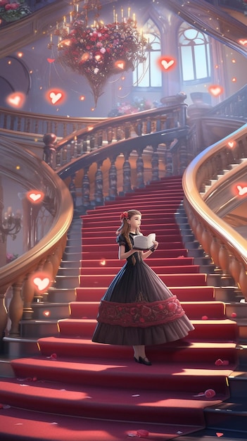 A woman in a dress with hearts on the stairs