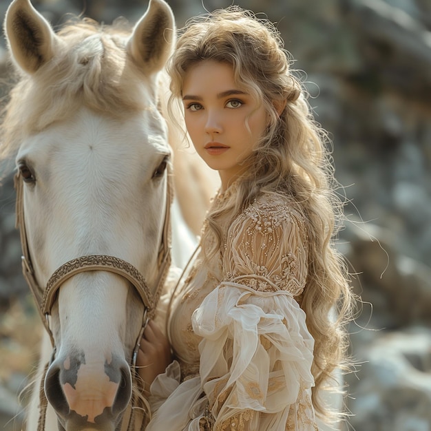 Photo a woman in a dress with a horse in the background