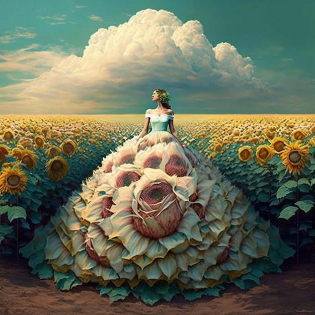 A woman in a dress with a large flower on it is standing in a field of sunflowers.