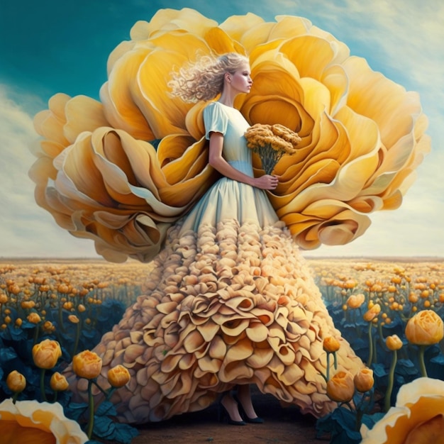 A woman in a dress with a large flower on it