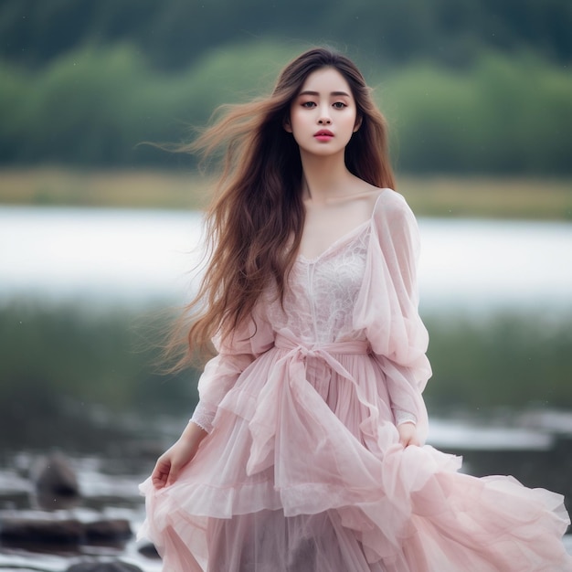 a woman in a dress with long hair is standing in front of a lake